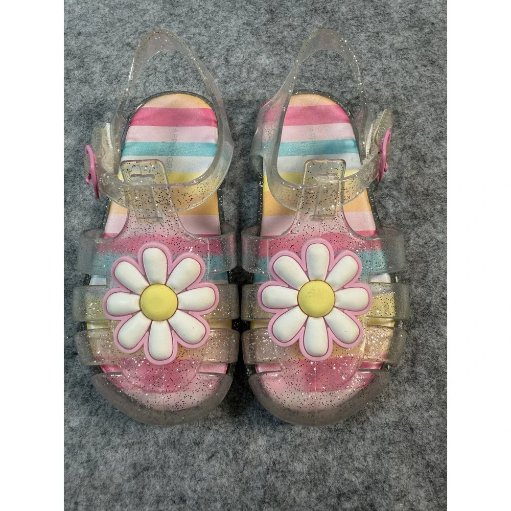 Happily Grey Kids Girls Size 9 Jelly Sandals Glitter Daisy Rainbow Clear Pink